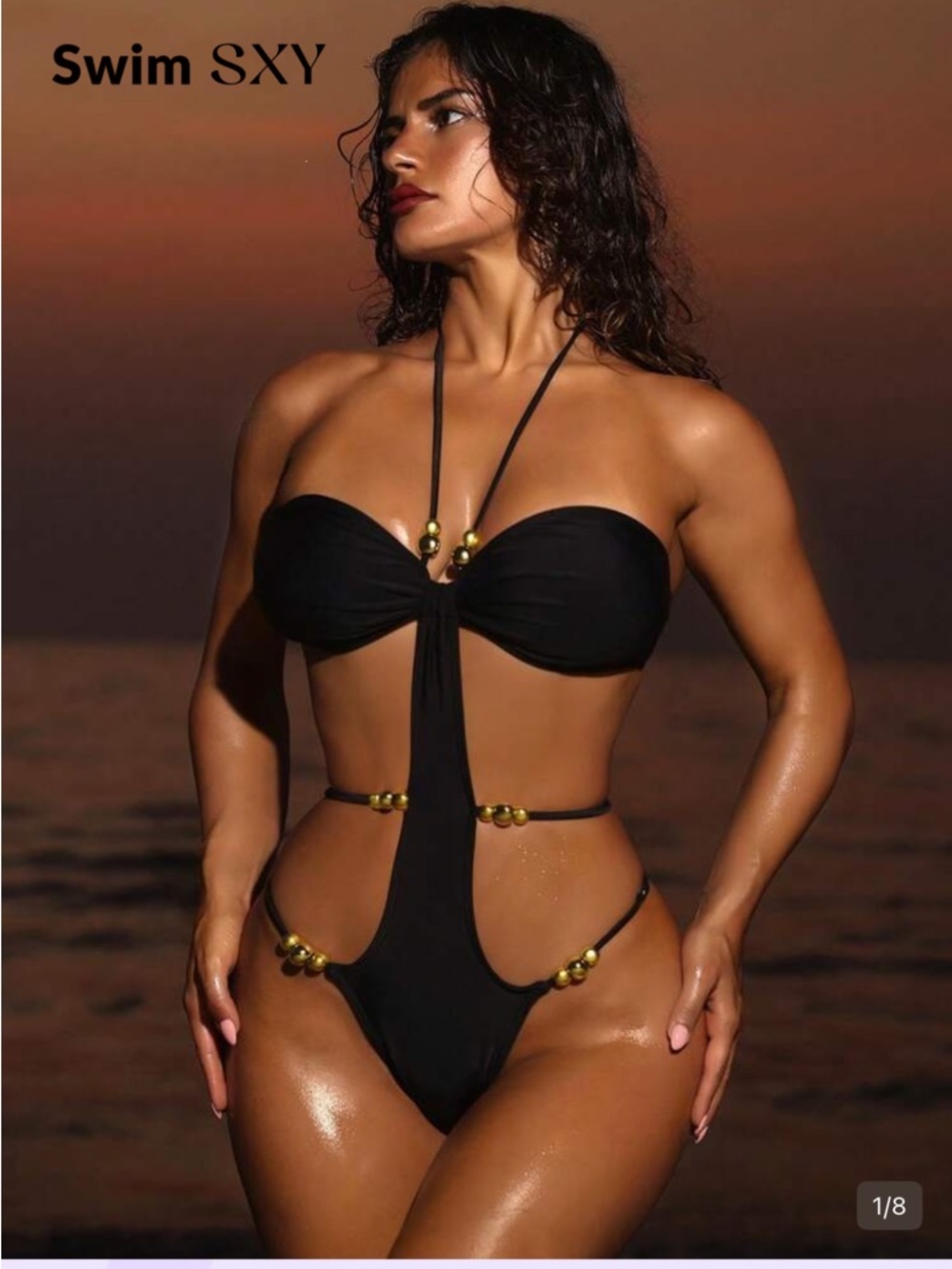 Black Beaded Monokini Swimwear - Women Swim